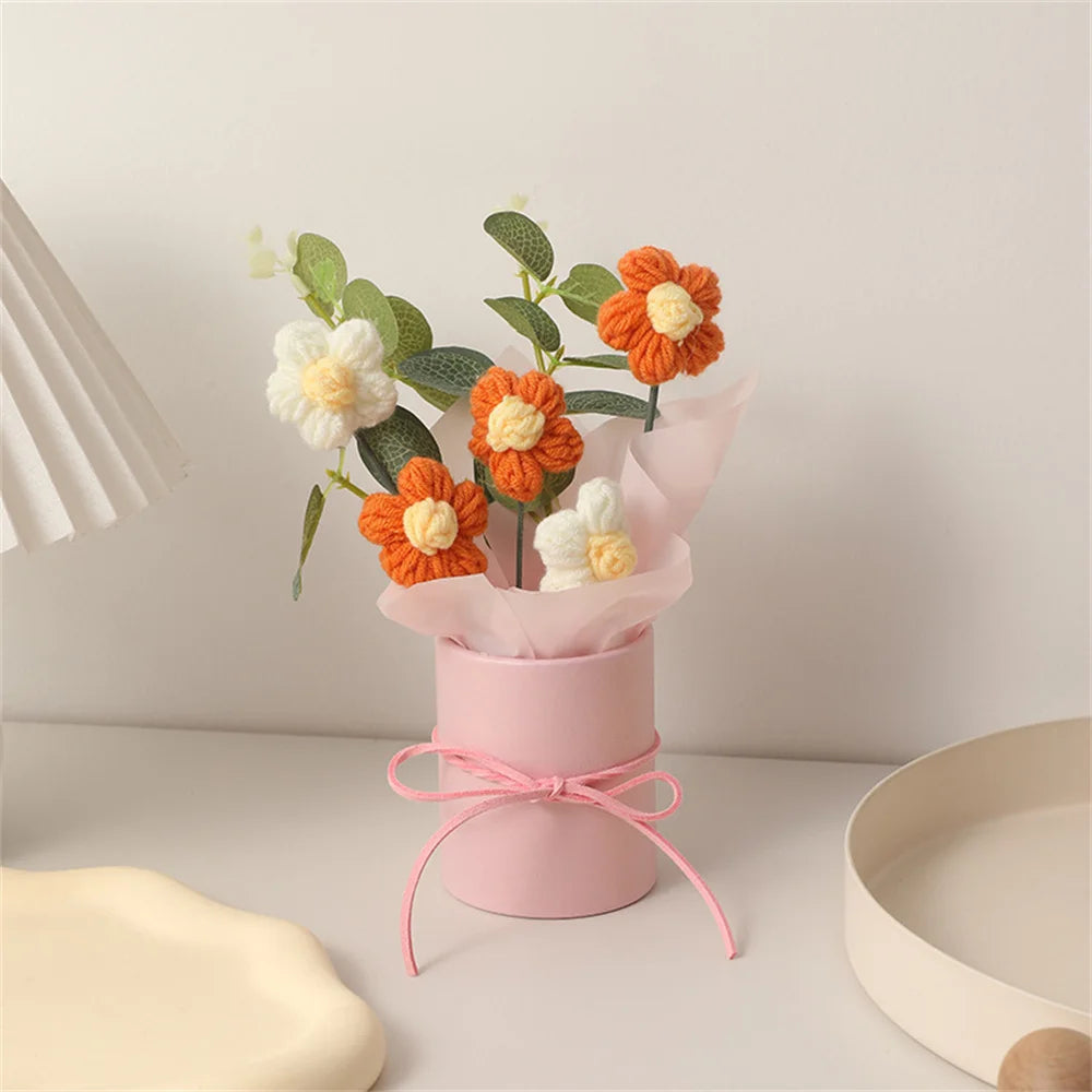 Knitted Puff Flower Bouquet – DIY Woolen Flowers