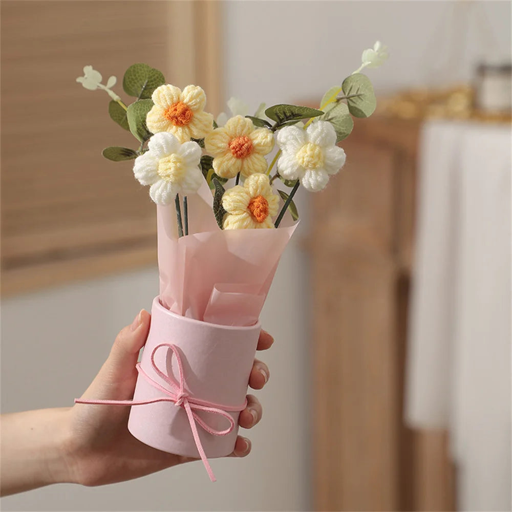 Knitted Puff Flower Bouquet – DIY Woolen Flowers