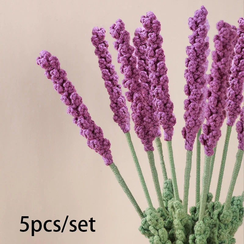 5pcs Handmade Crochet Lavender Bouquet – Purple Fantasy DIY Flower for Home Decor & Anniversary Gifts